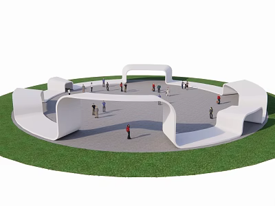 Park Landscape With Circular Square White Curved Structures Green Grass And People Walking 3d model