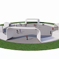 Park Landscape With Circular Square White Curved Structures Green Grass And People Walking