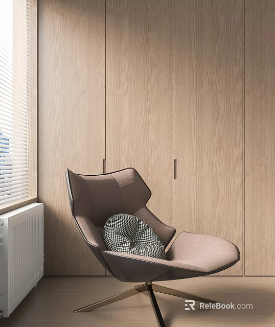 Modern Brown Leisure Chair with Plaid Cushion against Wooden Wall and Window Blinds 3d model 