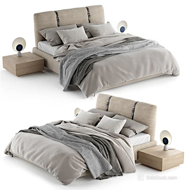 Comfortable Double Bed with Upholstered Headboard Soft Pillows Gray Blanket and Wooden Nightstands 3d model 
