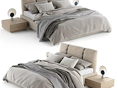 Comfortable Double Bed with Upholstered Headboard Soft Pillows Gray Blanket and Wooden Nightstands 3d model