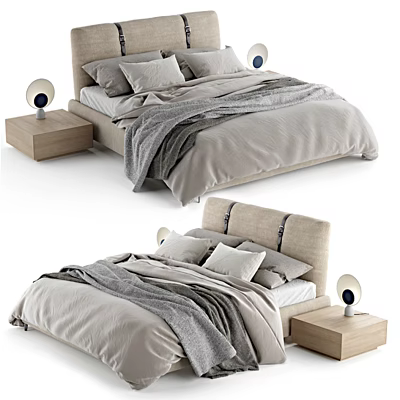 Comfortable Double Bed with Upholstered Headboard Soft Pillows Gray Blanket and Wooden Nightstands 3d model