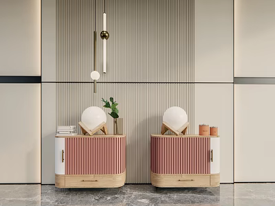 Modern Elegant Pink Wooden Bedside Tables With Green Plant And Table Lamps 3d model