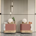 Modern Elegant Pink Wooden Bedside Tables With Green Plant And Table Lamps