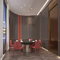 Elegant Private Dining Room Interior With Black Round Table Red Chairs And Night View Windows