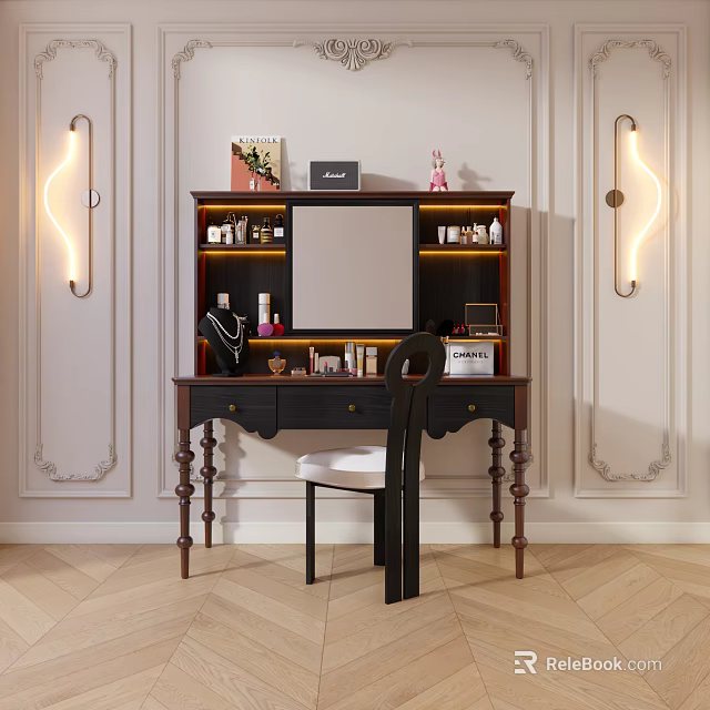 Elegant Wooden Dressing Table With Mirror Drawers Chair And Skincare Decor Items 3d model 
