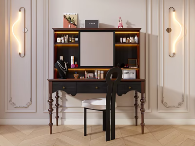 Elegant Wooden Dressing Table With Mirror Drawers Chair And Skincare Decor Items 3d model