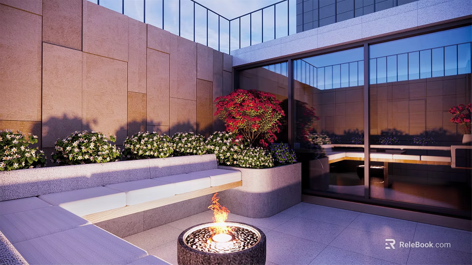 Modern Courtyard Garden with Fire Pit Stepped Seating Lush Greenery Red Blooms and Glass Railings 3d model 