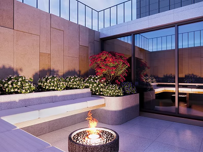 Modern Courtyard Garden with Fire Pit Stepped Seating Lush Greenery Red Blooms and Glass Railings 3d model