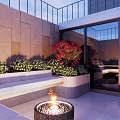 Modern Courtyard Garden with Fire Pit Stepped Seating Lush Greenery Red Blooms and Glass Railings