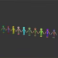 Colorful Cartoon Characters Standing In Row With Multi Colored Outfits Hats On Gray Background Reflections
