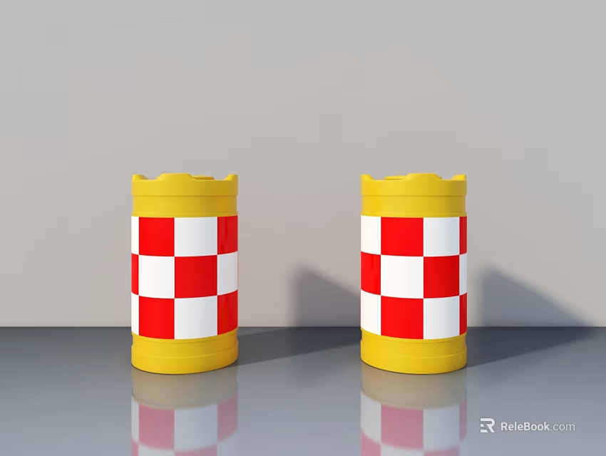 Two Cylindrical Objects With Yellow Red White Checkered Pattern on Gray Surface With Reflections 3d model 