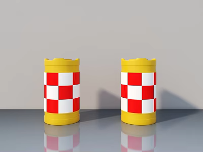 Two Cylindrical Objects With Yellow Red White Checkered Pattern on Gray Surface With Reflections 3d model