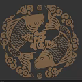 Intricate Circular Paper Carving with Two Carps Cloud Patterns and Fortune Character 3d model