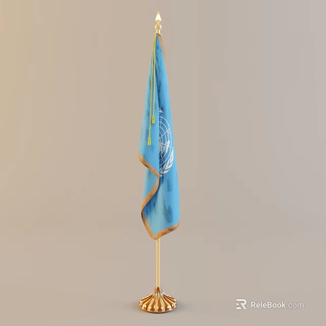 Blue United Nations Flag Waving With White UN Emblem On Golden Pole 3d model 