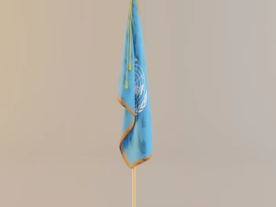 Blue United Nations Flag Waving With White UN Emblem On Golden Pole 3d model