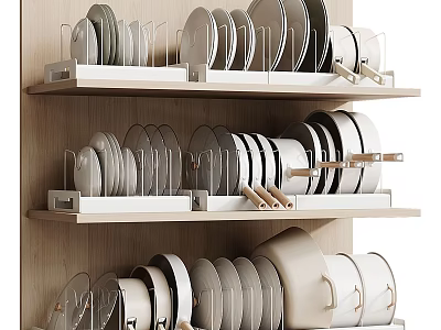 Neatly Arranged Dinnerware Set With Plates Bowls On Wooden Shelves For Kitchen Storage 3d model