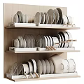 Neatly Arranged Dinnerware Set With Plates Bowls On Wooden Shelves For Kitchen Storage