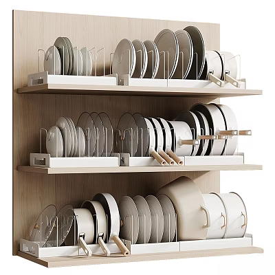 Neatly Arranged Dinnerware Set With Plates Bowls On Wooden Shelves For Kitchen Storage 3d model