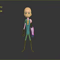 Cartoon Style 3D Character Standing With Bald Head Teal Shirt Yellow Accents And Mechanical Arm