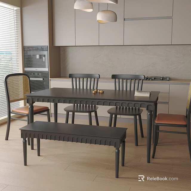 Modern Minimalist Dining Area With Black Table Chairs Bench And White Cabinets 3d model 