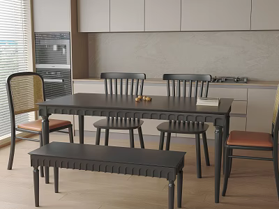 Modern Minimalist Dining Area With Black Table Chairs Bench And White Cabinets 3d model