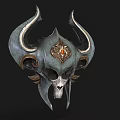 Ornate Metallic Helmet With Curved Horns Skull Design And Red Gem Accent