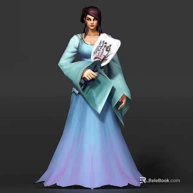 Elegant Female Game Movie Character In Blue Long Dress Holding Decorative Fan 3d model 