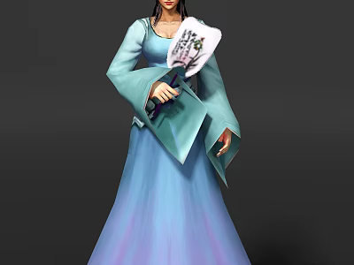 Elegant Female Game Movie Character In Blue Long Dress Holding Decorative Fan 3d model