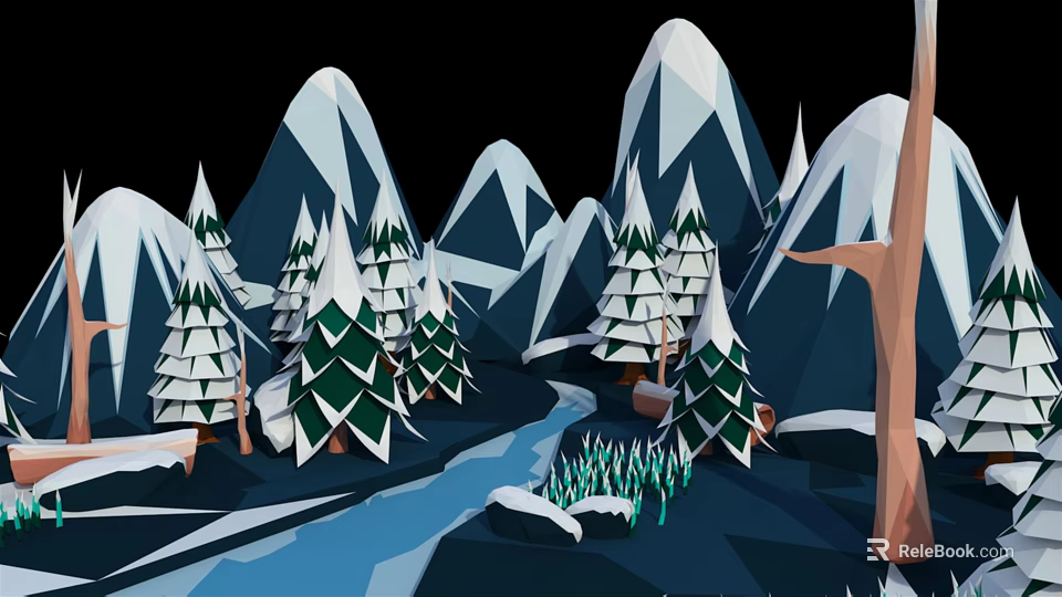 Scenic Cartoon Winter Scene Featuring Snowy Mountains Pine Trees And Stream 3d model 