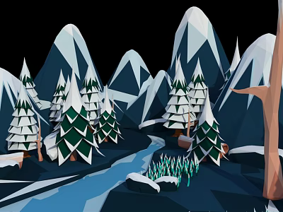 Scenic Cartoon Winter Scene Featuring Snowy Mountains Pine Trees And Stream 3d model