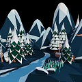 Scenic Cartoon Winter Scene Featuring Snowy Mountains Pine Trees And Stream