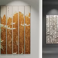 Multi Panel Landscape Paintings With Brown Gold Mountain And Gray Texture Wall Art Decor 3d model