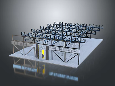 Industrial Metal Frame Structure With Roof Truss System Support Beams And Elevated Platform 3d model