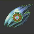 Blue Glossy Wing Shaped Decorative Object With Red Circular Gear Center