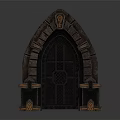 Decorative Medieval Style Stone Arch Featuring Intricate Metal Door And Orange Accents
