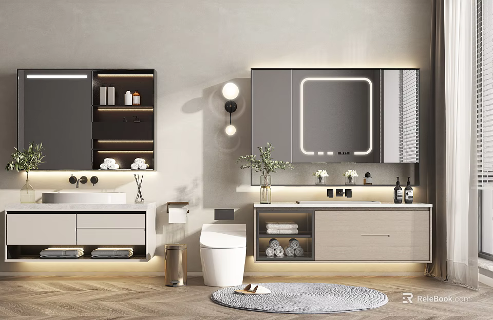 Modern Bathroom Vanity Design With Mirror Cabinet Marble Countertop Storage Drawers And Decorative Plants 3d model 