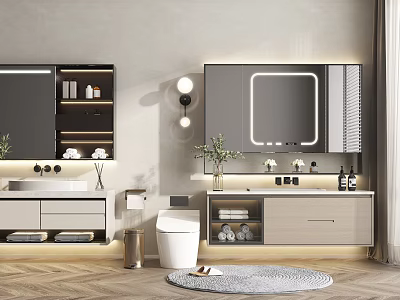 Modern Bathroom Vanity Design With Mirror Cabinet Marble Countertop Storage Drawers And Decorative Plants 3d model