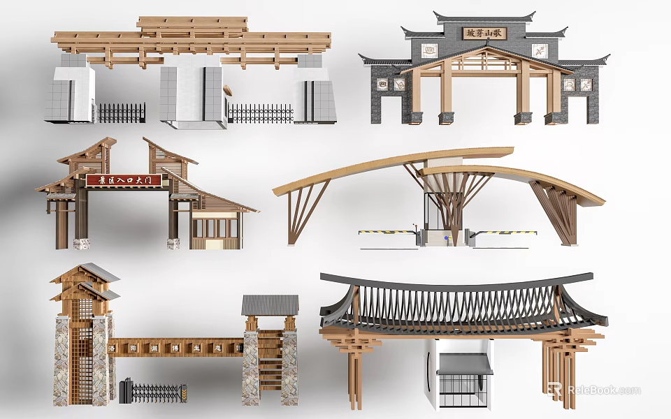 Traditional and Modern Chinese Architectural Gateway Designs With Wooden Structures and Roof Tiles 3d model 