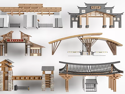 Traditional and Modern Chinese Architectural Gateway Designs With Wooden Structures and Roof Tiles 3d model