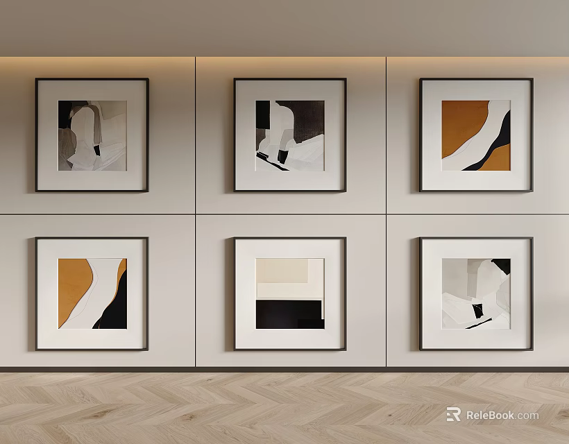 Six Abstract Paintings Arranged on Light Colored Wall With Herringbone Floor 3d model