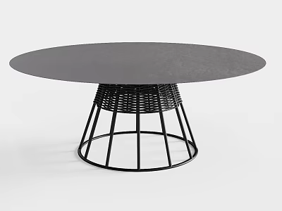 Round Gray Coffee Table With Black Metal Frame And Woven Base Design 3d model
