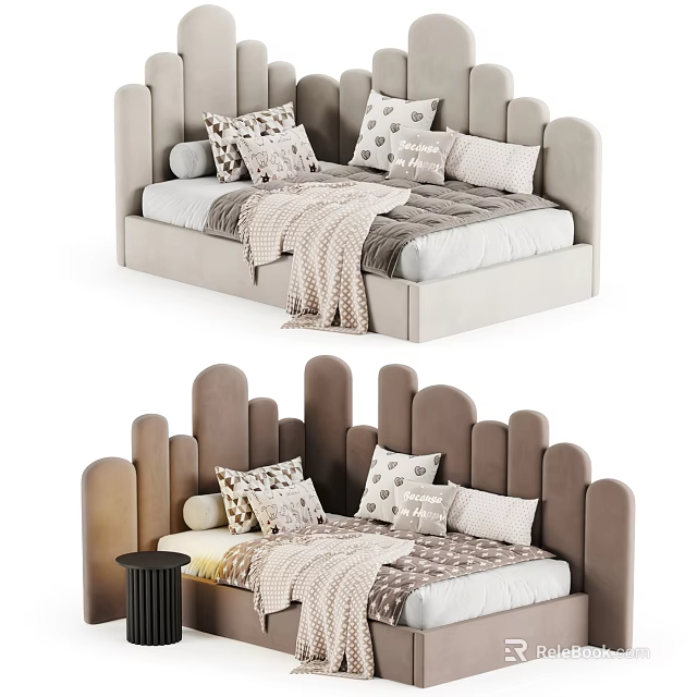 Modern Children's Bed With Curved Headboard Neutral Tones Decorative Pillows And Cozy Blanket 3d model 