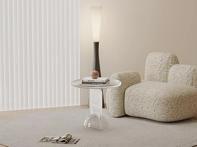Transparent Modern Side Table With Round Top Beige Patterned Sofa Floor Lamp And White Blinds 3d model