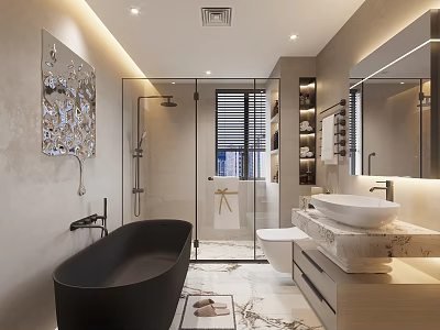 Modern Luxurious Bathroom Interior With Black Tub Glass Shower And Marble Vanity 3d model