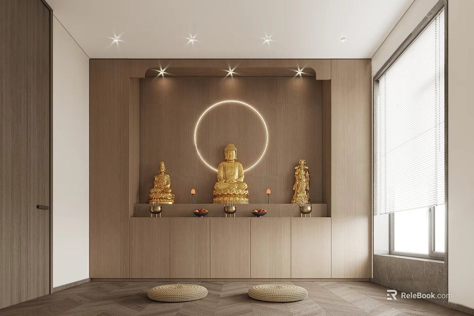 Serene Relaxation Room with Wooden Wall Circular Halo Light Golden Buddha Statues and Floor Cushions 3d model 
