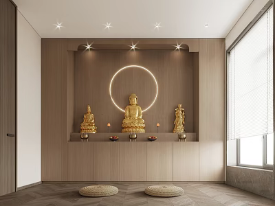 Serene Relaxation Room with Wooden Wall Circular Halo Light Golden Buddha Statues and Floor Cushions 3d model