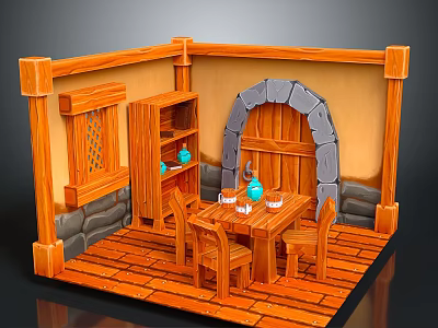 Rustic Medieval Interior Scene With Wooden Floor Table Chairs Stone Arch Blue Vases And Shelf 3d model