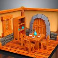 Rustic Medieval Interior Scene With Wooden Floor Table Chairs Stone Arch Blue Vases And Shelf