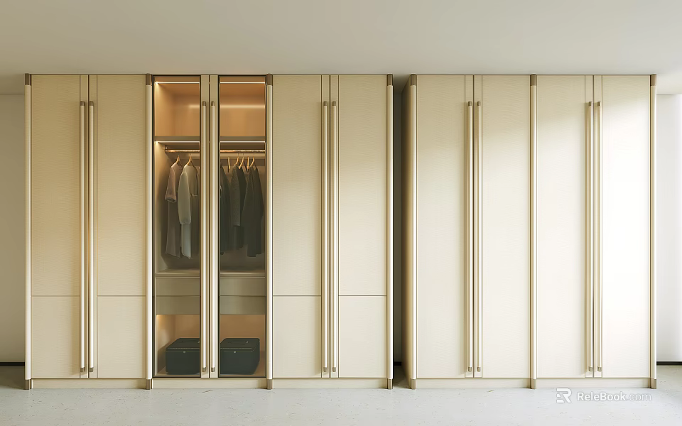 Modern Light Luxury Cream Wardrobe With Glass Doors And Built In Lighting For Bedroom Storage 3d model 